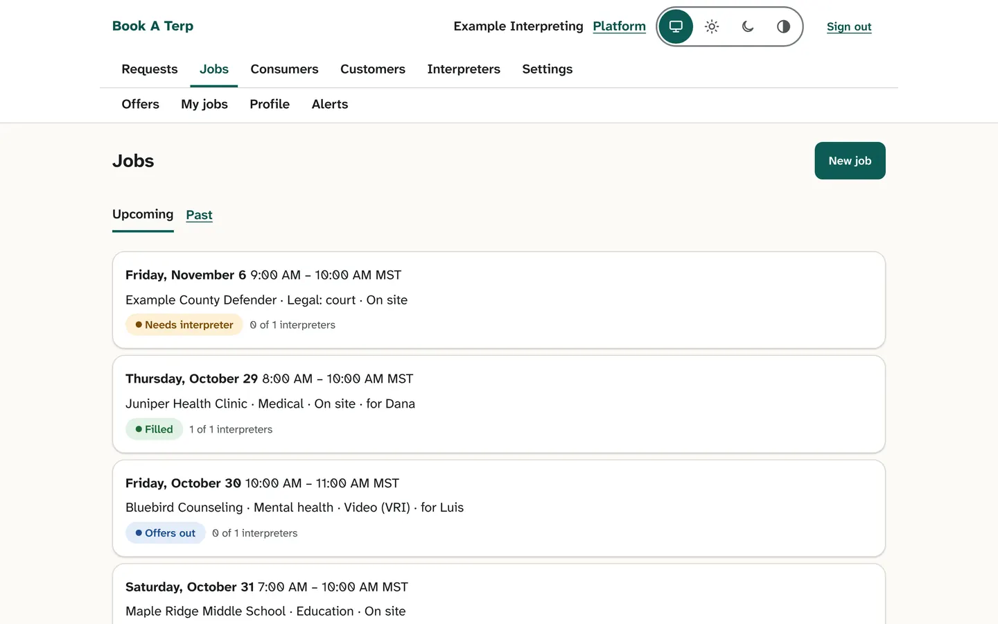 Agency jobs board listing upcoming jobs with status labels Needs interpreter, Filled and Offers out.