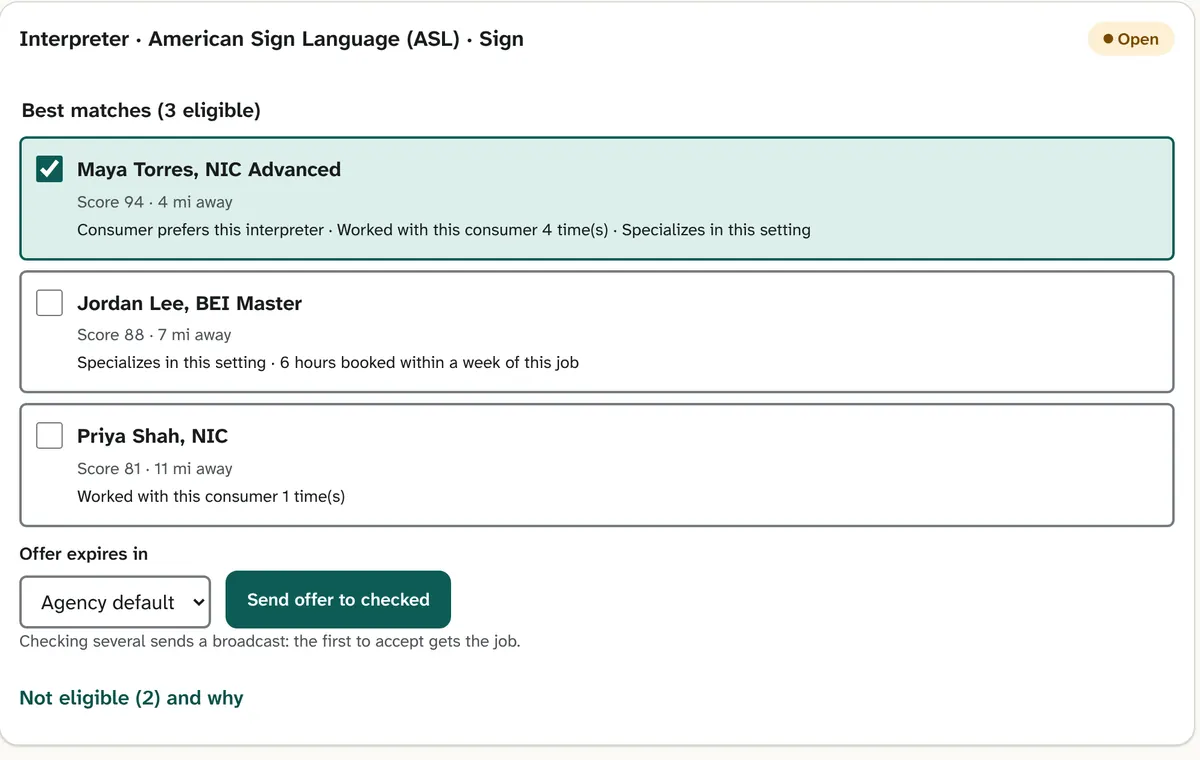 Match board ranking three eligible ASL interpreters by score, with distance and reasons such as consumer preference.