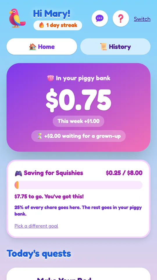 Kid savings goal: saving for Squishies, $0.25 of $8.00, with a progress bar.