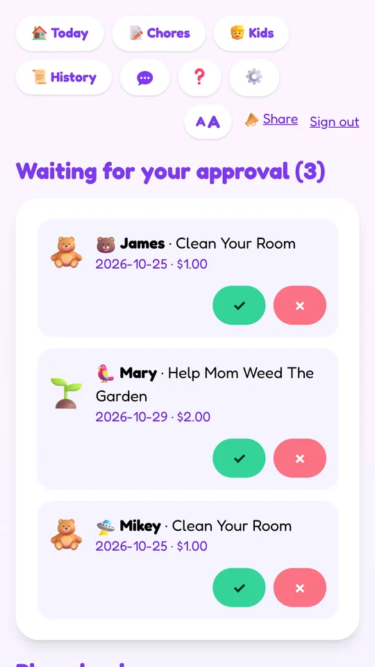 Parent approval queue with three finished chores, each with approve and reject buttons.